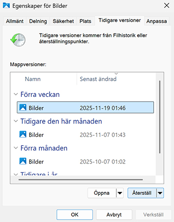 Återställ borttagna filer med tidigare versioner Återställ borttagna filer med tidigare versioner