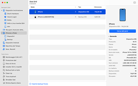 Avvia Disk Drill e seleziona il tuo iPhone o backup