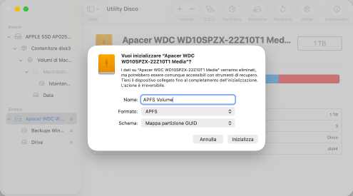 Formatta l'unità con il file system APFS