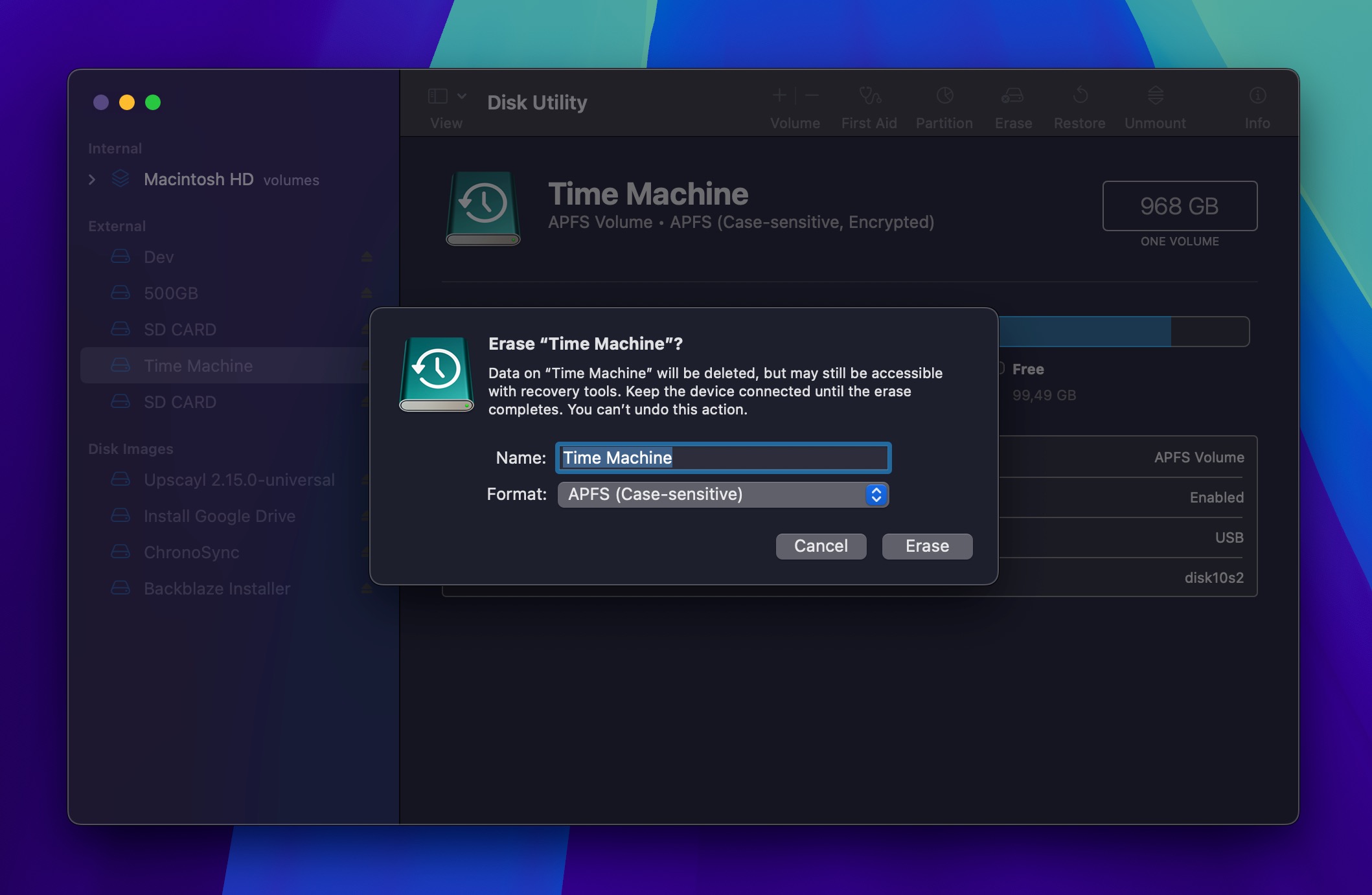 time machine erase